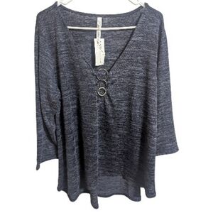 NY Collection Women's Top Sz 1X  Navy Heather V-Neck Ring-Detail